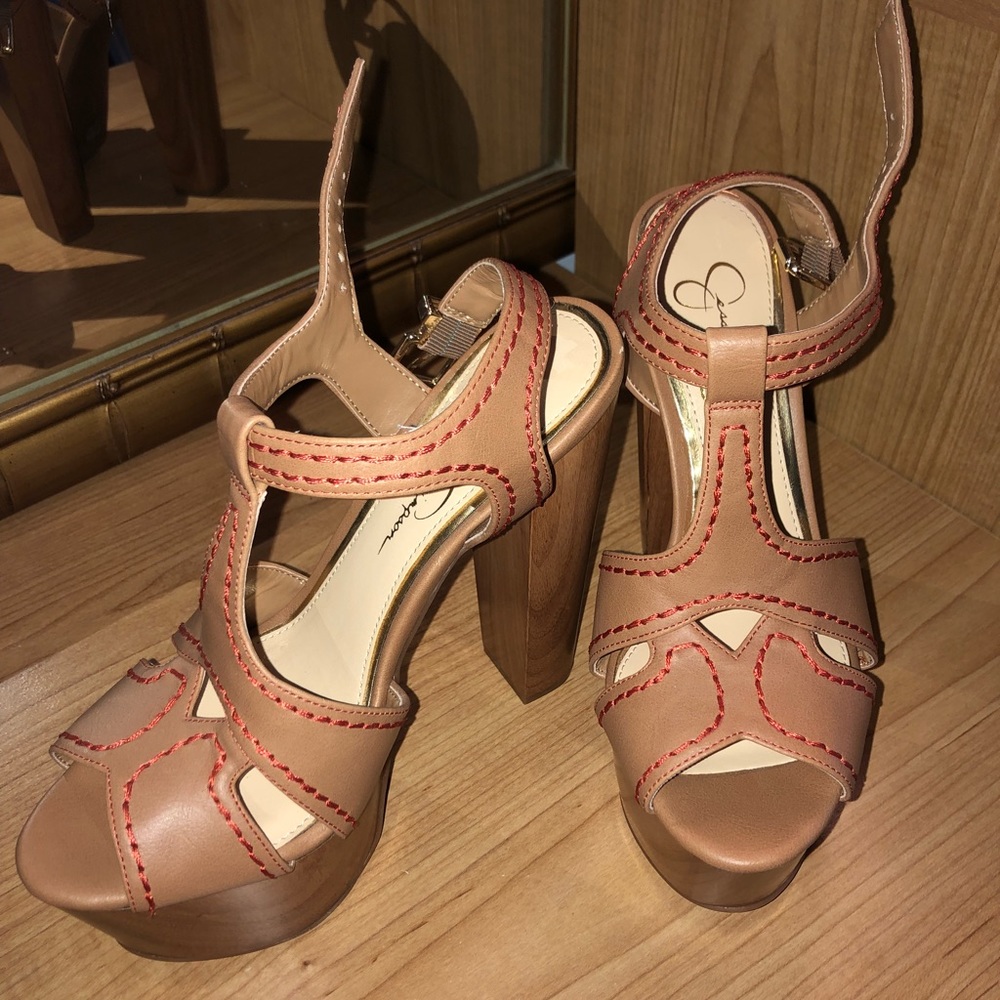 Jessica Simpson block heels size 6 camel/tan/red
